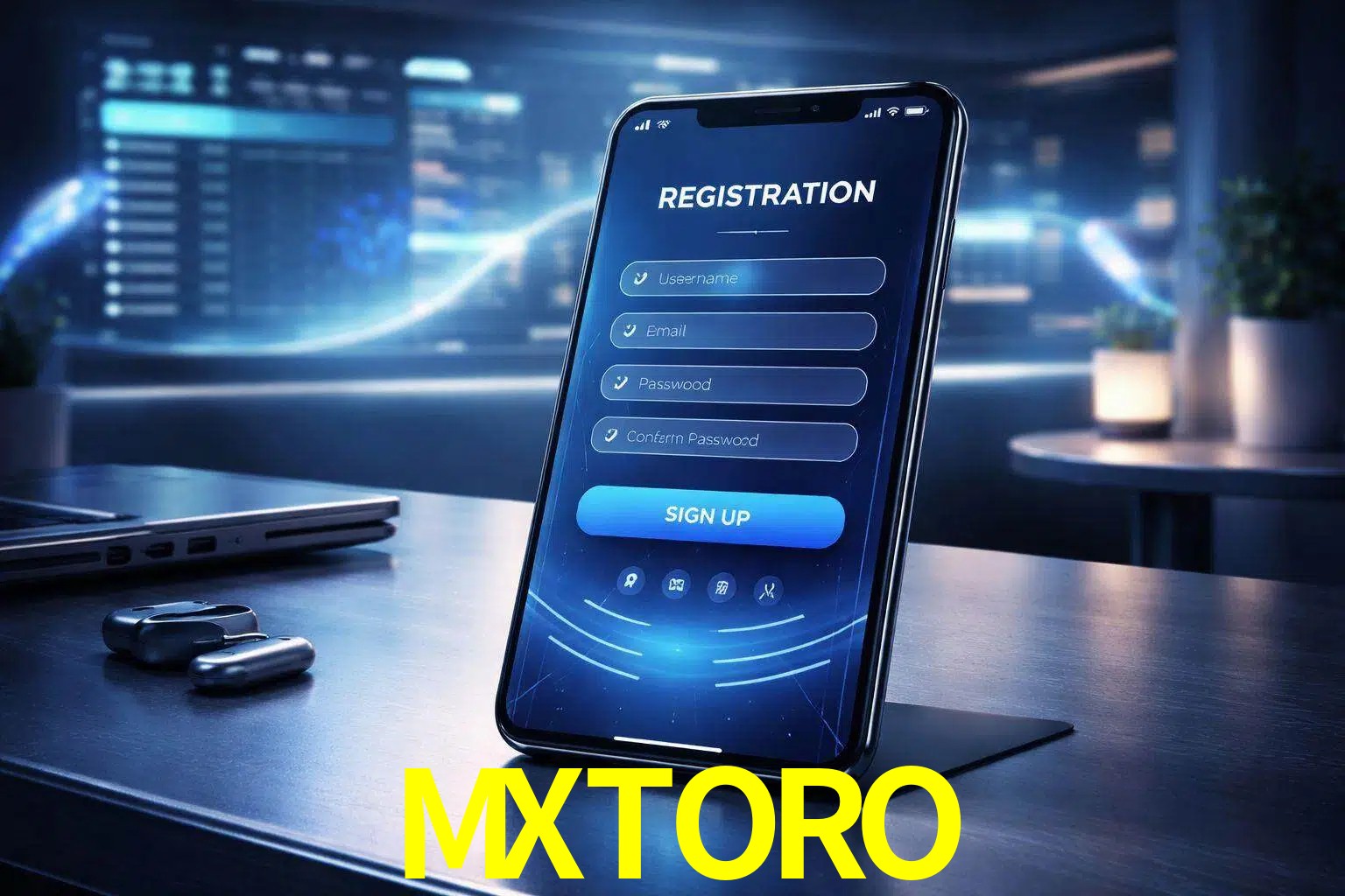 Una interfaz moderna de registro móvil para MXTORO mostrada en un smartphone con un panel de apuestas elegante.